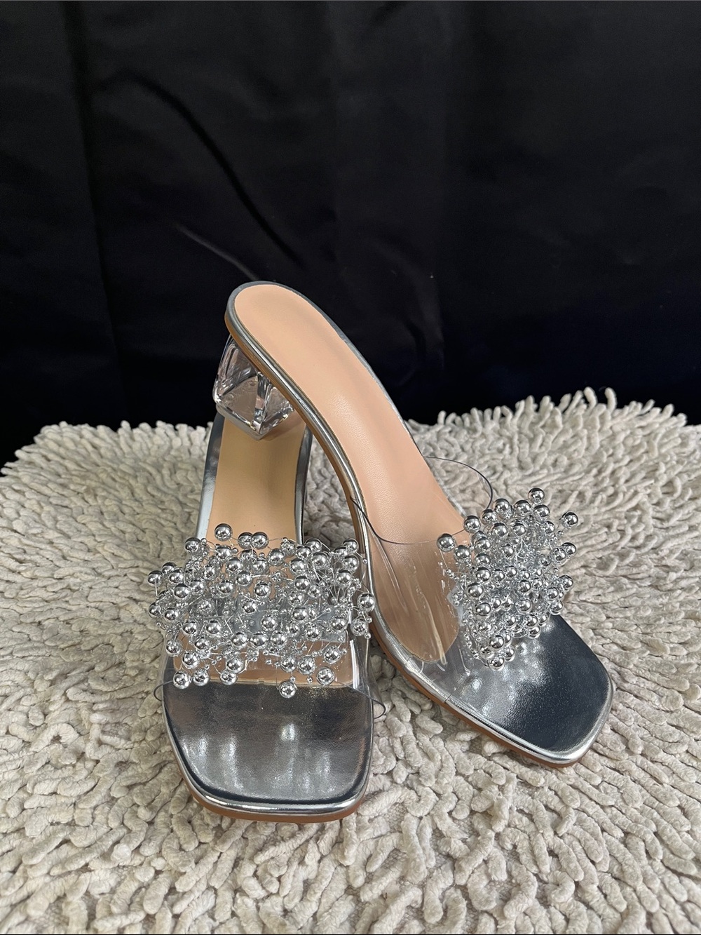 Silver Beaded Clear Heeled Mules - Women